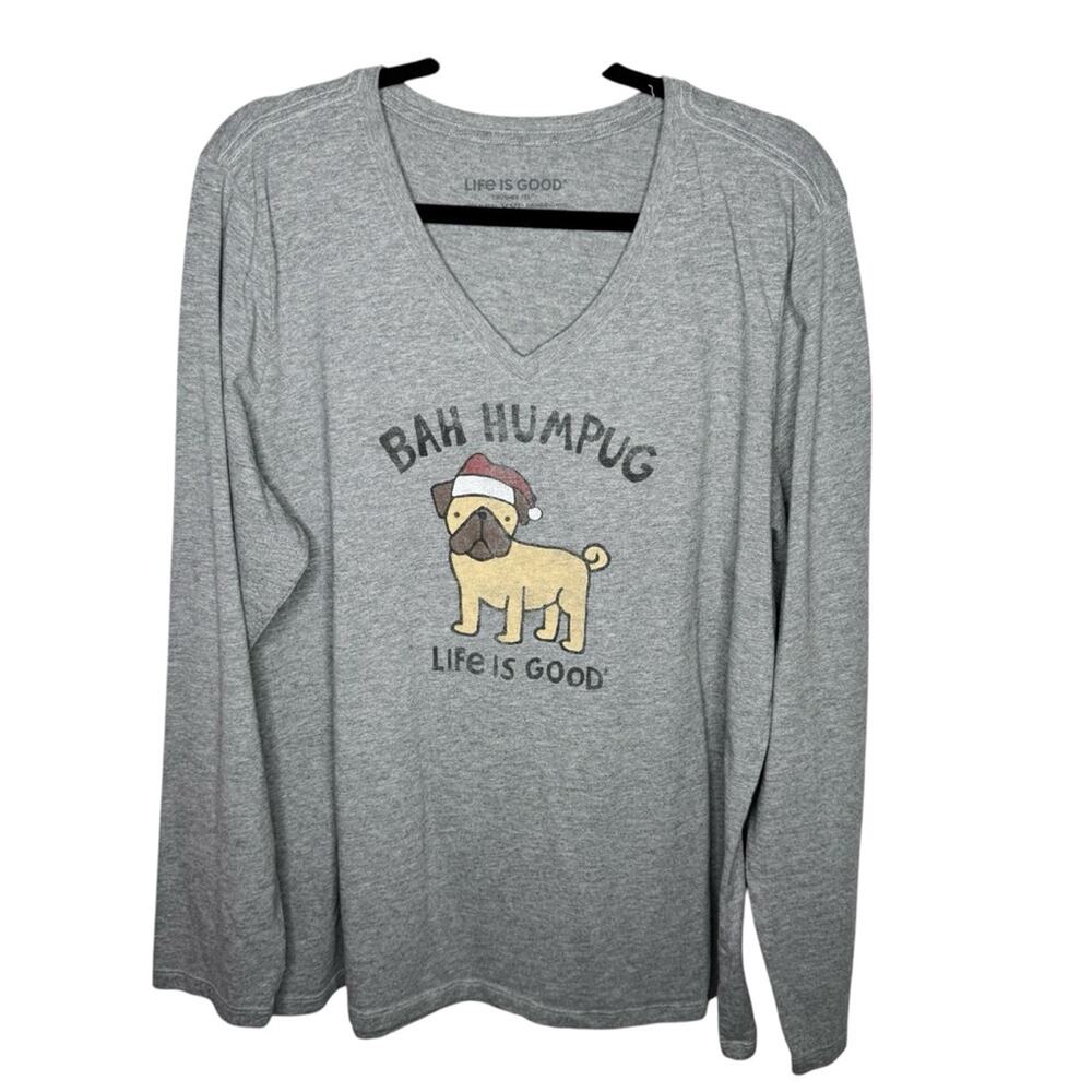 LIFE IS GOOD / gray Bah Humpug christmas dog long sleeve v-neck tee / XXL